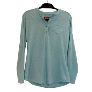 Simms  Fishing Top Henley Shirt Womens Blue Long Sleeve Roll Tab Large 36877